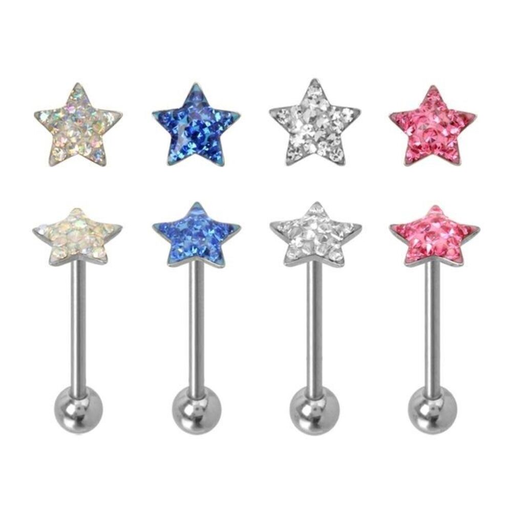 4pc Multi-Crystal Star Tongue Rings Set 14G Barbell Body Piercing Jewelry